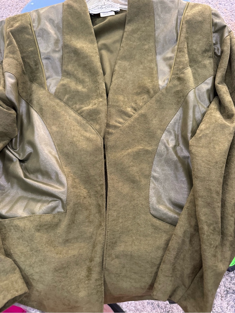 City Girl Olive Green Suede-Look Open Front Jacket - Women (b2-7)